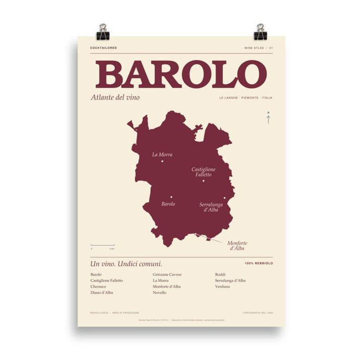 Poster della mappa del Barolo DOCG in bordeaux e crema con tipografia italiana e nomi dei paesi, 50 × 70 cm