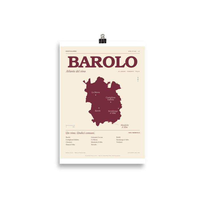 Poster della mappa del Barolo DOCG in bordeaux e crema con tipografia italiana e nomi dei paesi, 21 × 30 cm