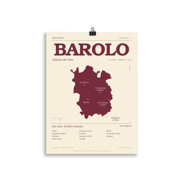 Poster della mappa del Barolo DOCG in bordeaux e crema con tipografia italiana e nomi dei paesi, 30 × 40 cm