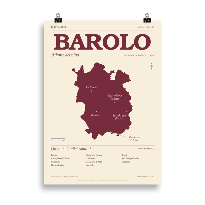 Barolo DOCG wine map poster in burgundy and cream with Italian lettering and village names, 50 × 70 cm